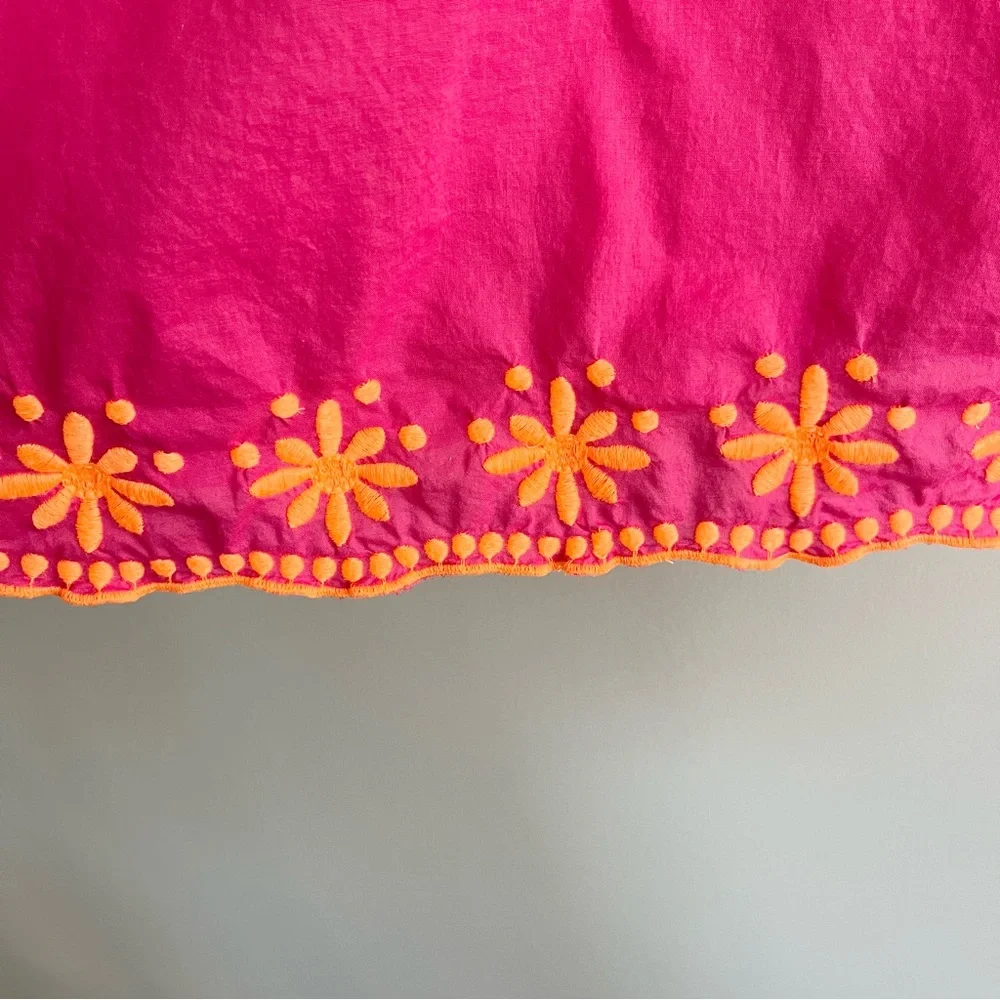 J. Crew Hot Pink Sleeveless Ruffle-Neck Tank with Orange Floral Trim 3X